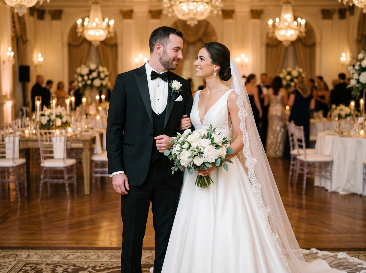 A bride in a white lace-trimmed wedding gown holding a bouquet of white flowers, standing next to a groom in a black tuxedo with a bow tie in a grand, warmly lit wedding reception hall.