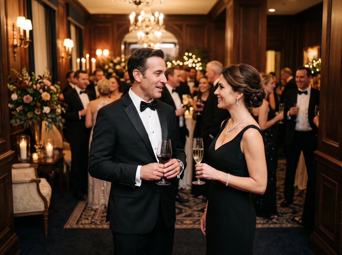 A man in a black tuxedo with a bow tie and a woman in a black evening gown holding champagne glasses, standing and smiling at each other in a warmly lit, elegant event hall with guests in the background.