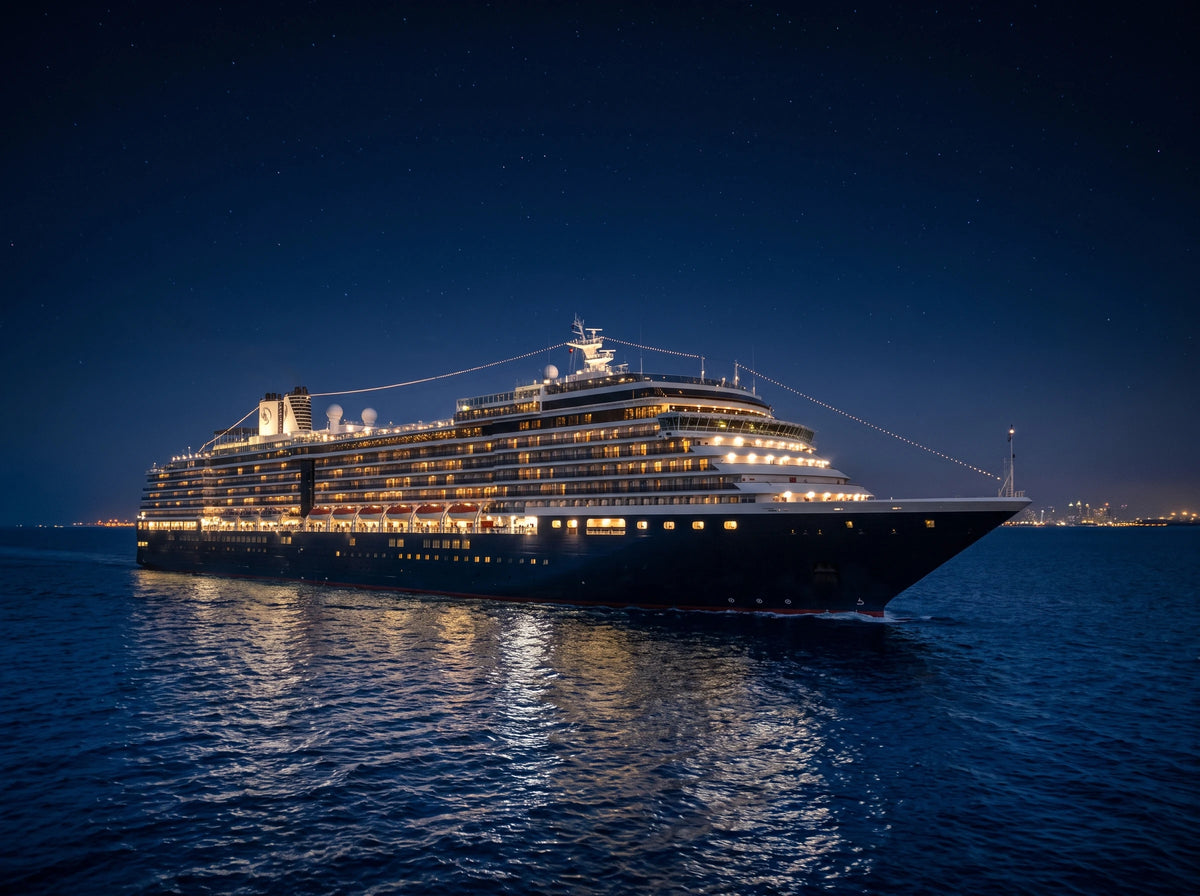 A large illuminated cruise ship sailing at night on calm blue water under a starry sky, with warm lights reflecting on the surface below.