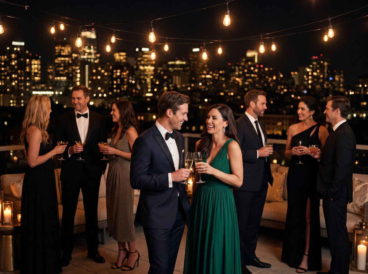 A group of elegantly dressed adults mingling on a rooftop terrace at night, holding champagne glasses, with a city skyline lit up in the background under hanging string lights.