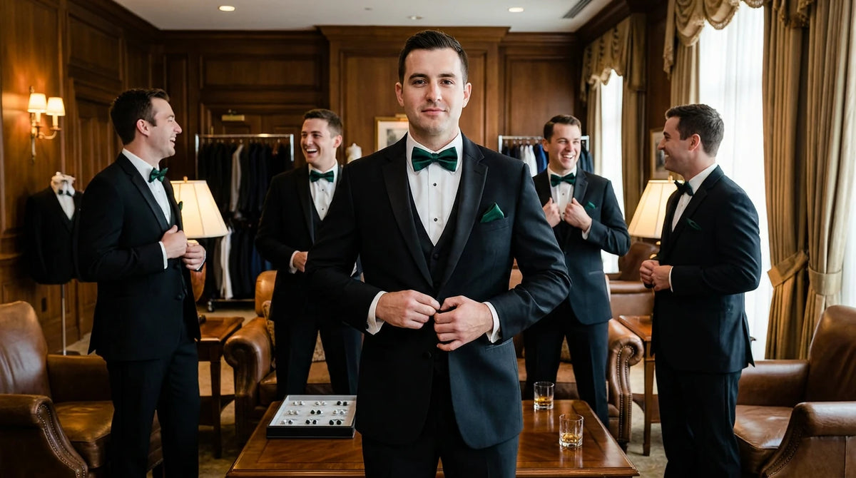 A group of men in black tuxedos with green bow ties and pocket squares in a warm, wood-paneled room. The central figure is adjusting his tuxedo jacket, while the others smile, clap, and converse nearby.