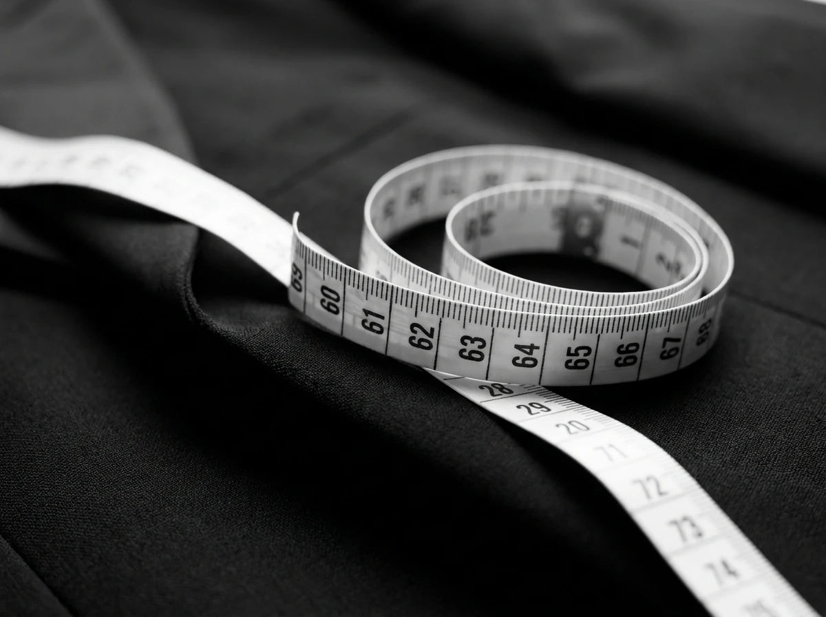 A white fabric measuring tape with black printed numbers and markings, coiled on a dark black fabric background.