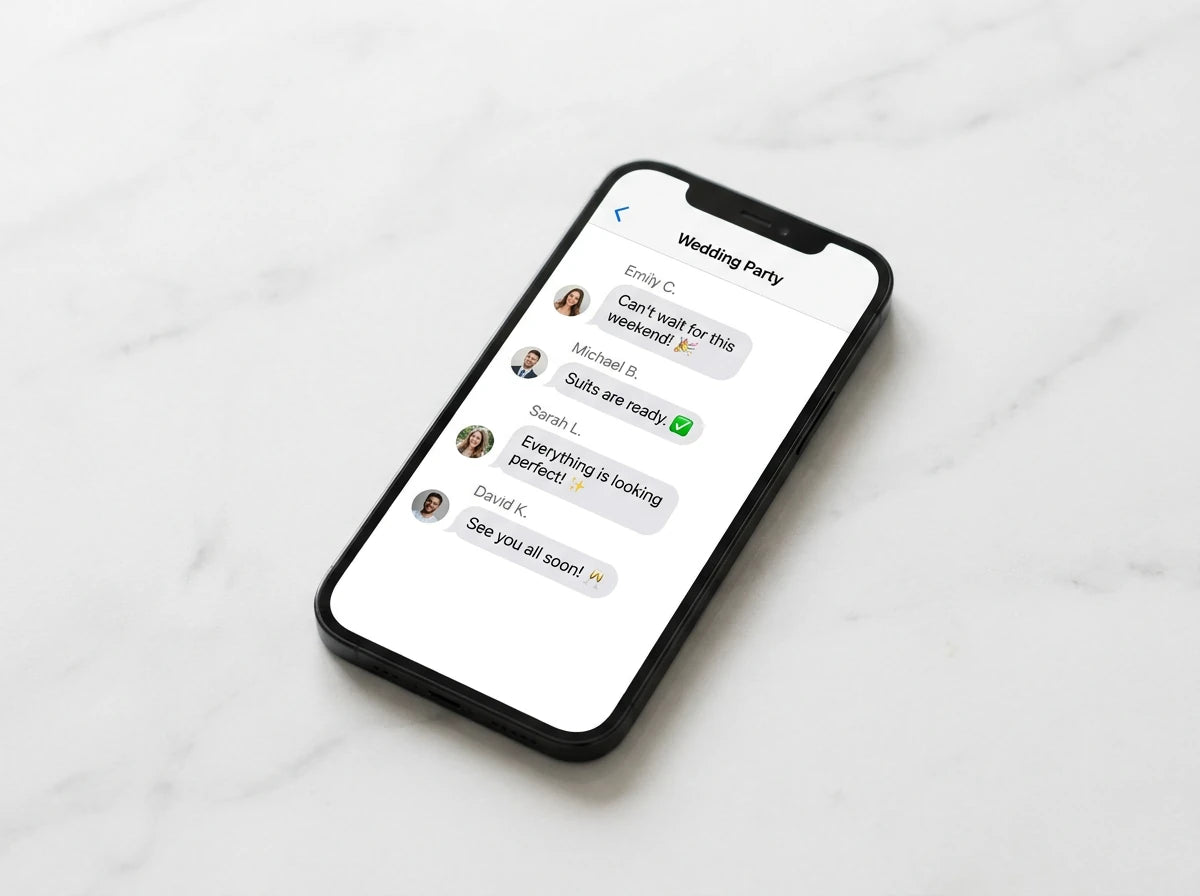 A black smartphone lying on a light marble surface, displaying a messaging conversation titled 'Wedding Party' on the screen.