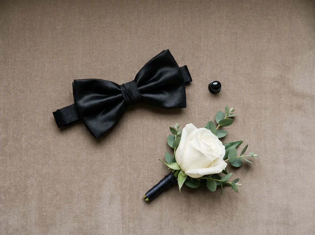 A black satin bow tie with its matching black button and a white rose boutonniere with green eucalyptus leaves, arranged on a textured brown kraft paper background.