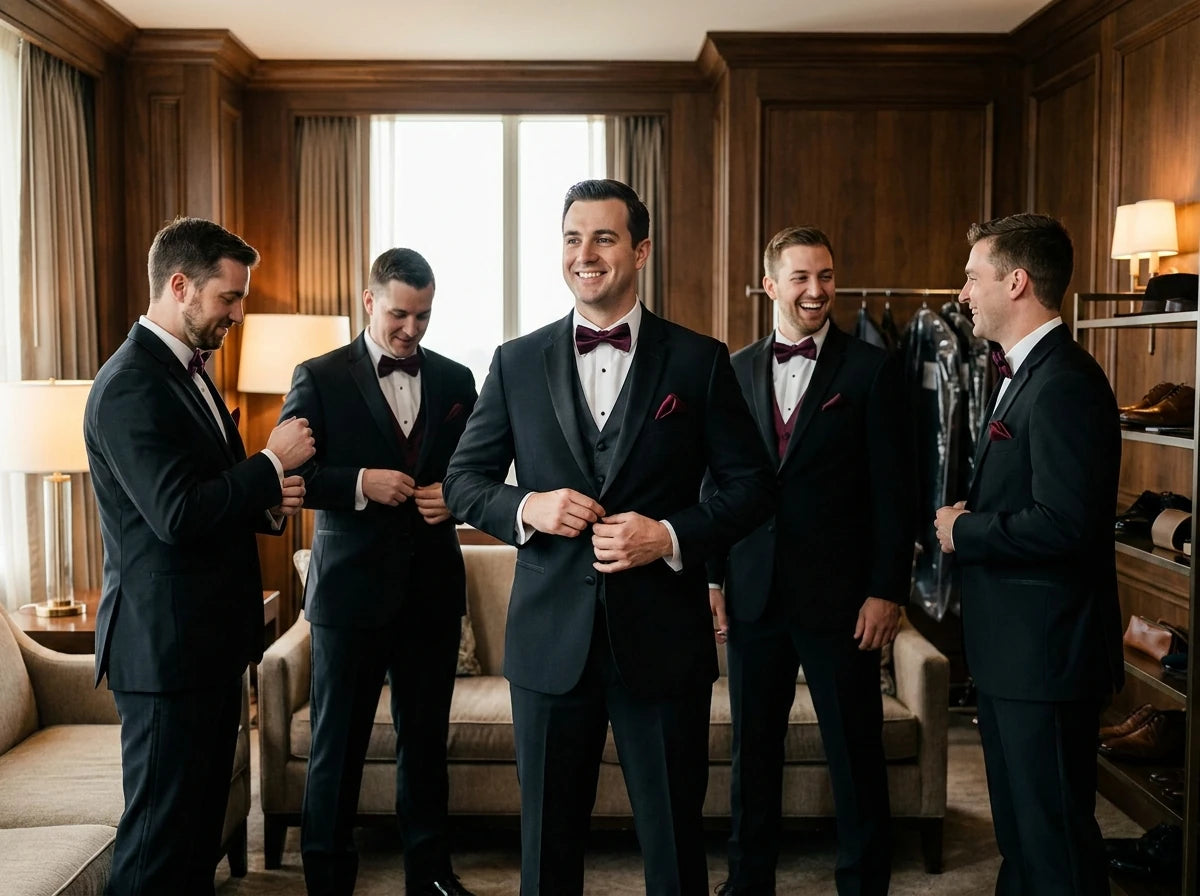 Five men in black tuxedos with burgundy bow ties and pocket squares gathered in a warm wood-paneled room, with the central figure smiling and adjusting his tuxedo while others prepare.