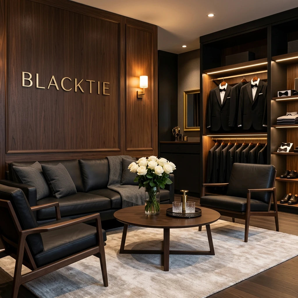 A luxury men's dressing room interior with dark wood paneling, a black leather sofa and armchair, a round coffee table with white roses, and built-in closet space with black tuxedos. The wall prominently displays the brand name 'BLACKTIE' in gold lettering.