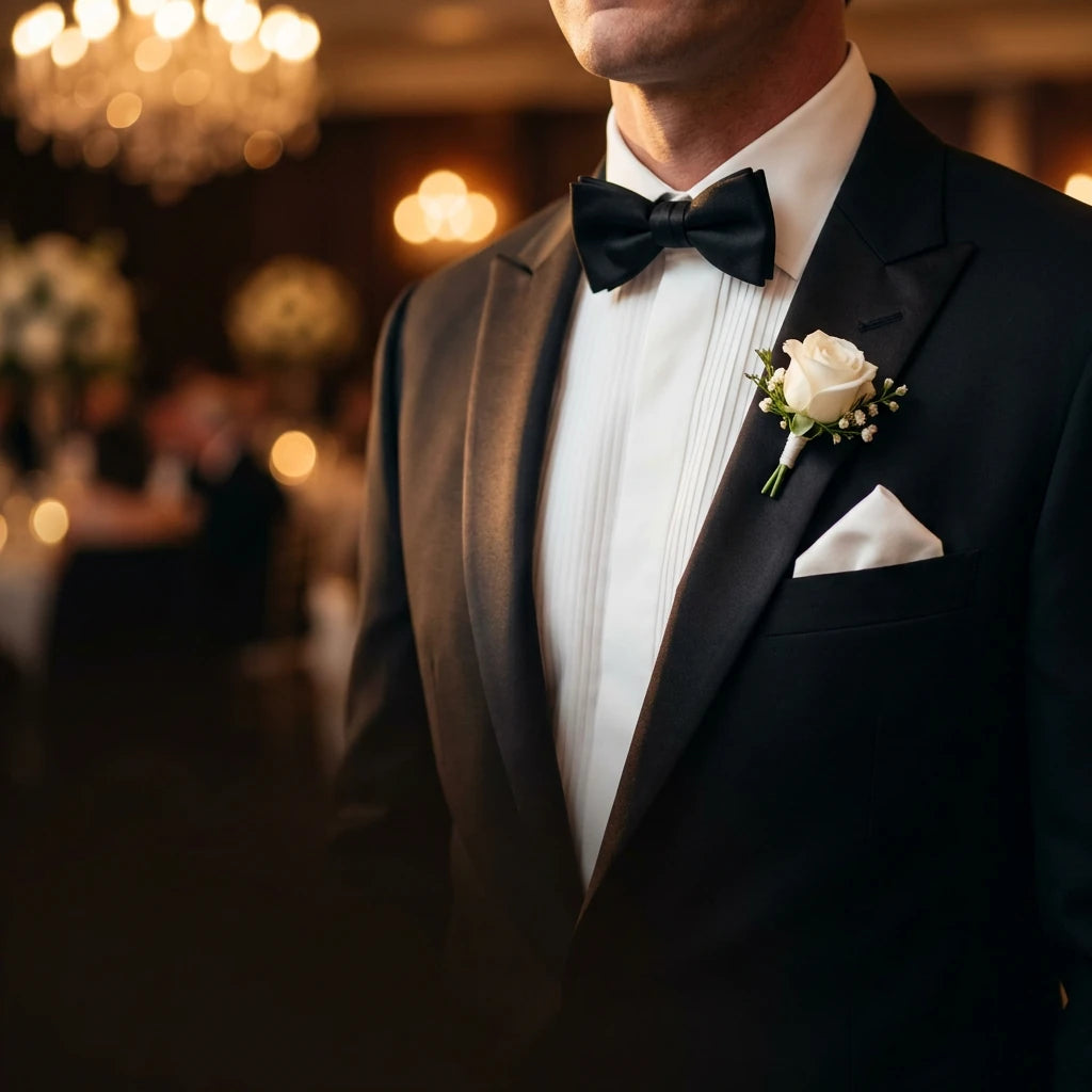 A close-up of a man wearing a black tuxedo jacket with a white pleated dress shirt, black bow tie, and a white rose boutonniere, set against a warm, blurred event background.