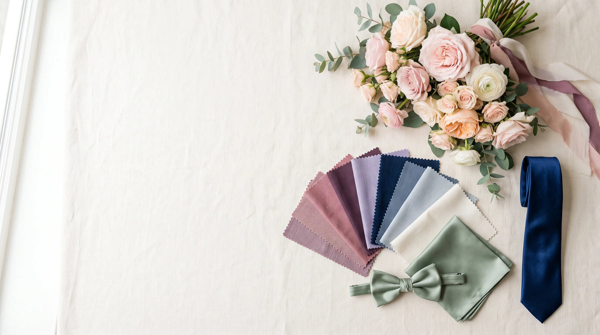A styled flat-lay of formal accessories on a white fabric surface, including a bouquet of blush pink and cream roses with greenery, a navy tie, a folded sage green pocket square with matching bow tie, and several fabric swatches in dusty pink, lavender, blue, white, and sage green.