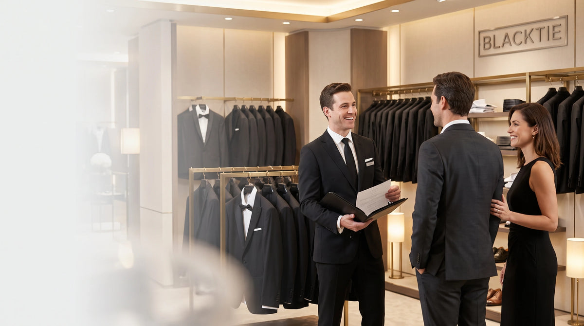 A man in a black tuxedo stands in a luxury clothing boutique with a female sales associate and another customer, with racks of black formalwear and a 'BLACKTIE' sign visible in the background.