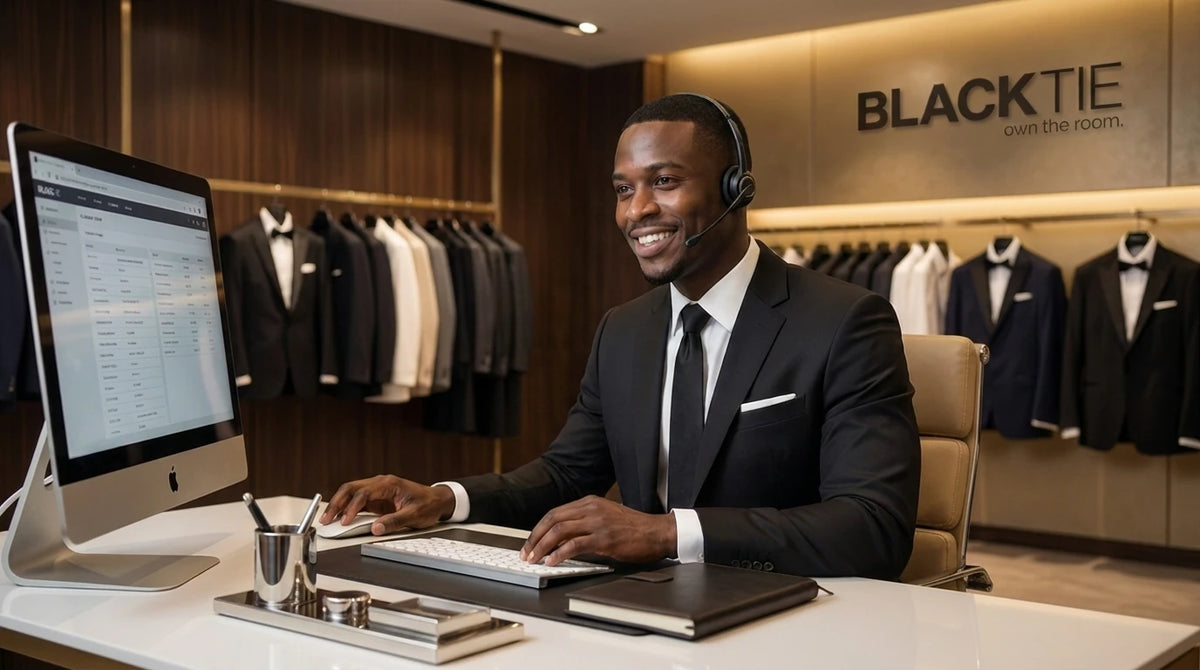 A man in a black suit and tie wearing a headset sits at a desk in front of a computer monitor, with a clothing display and a wall sign reading BLACK TIE behind him.