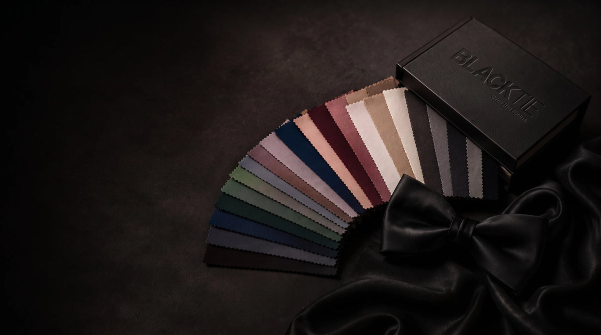 A black fabric sample box labeled BLACKTIE sits open next to a fan of multiple fabric swatches in assorted colors, with a black satin bow tie and draped black fabric on a dark background.