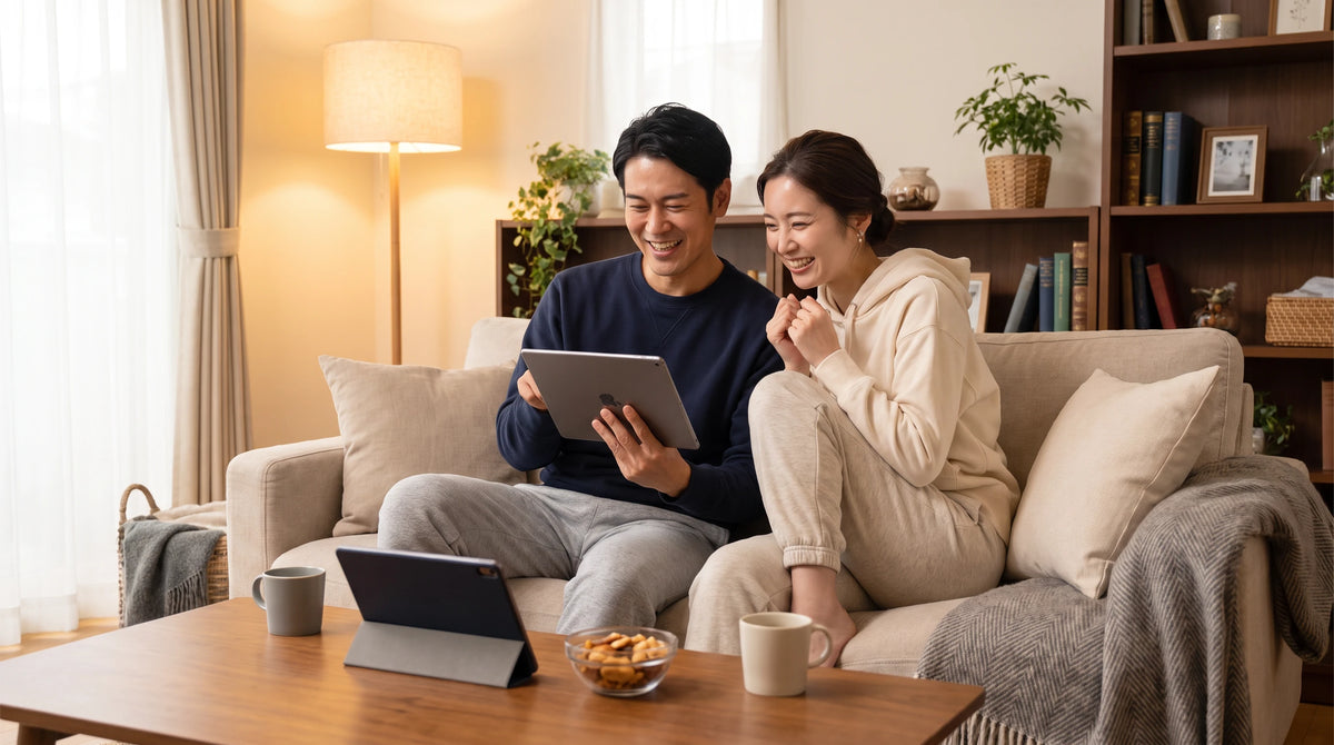A man and a woman sitting on a beige sofa in a cozy living room, smiling while looking at a tablet. A wooden coffee table with mugs and snacks is in the foreground, with a lamp, curtains, and a bookshelf in the background.