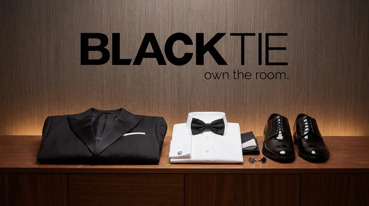 A men's formalwear set displayed on a wooden surface against a wood-paneled wall with the text 'BLACK TIE own the room.' Visible items include a folded black tuxedo jacket, a white dress shirt with a black bow tie, a black pocket square, a black dress shirt, and black dress shoes.