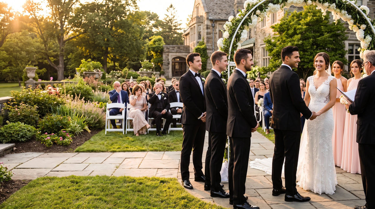 A wedding ceremony outdoors in a garden courtyard with guests seated in white chairs. The bride in a white lace gown stands beside the groom in a black suit, under a white floral arch, with trees and a stone building in the background.