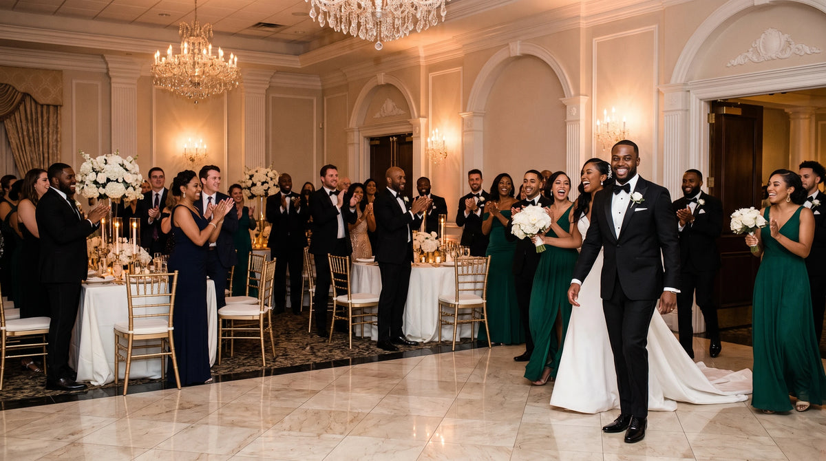 A wedding reception scene in a grand ballroom with guests, a bride in a white gown, and bridesmaids in dark green dresses standing near tables with white floral arrangements.