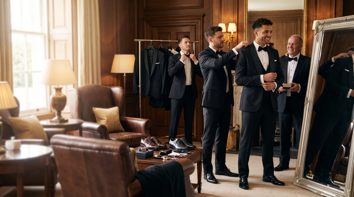 A group of men in formalwear preparing in a warm, wood-paneled room. Several men wear black tuxedos with black bow ties, while one man stands by a mirror reflecting their outfits.