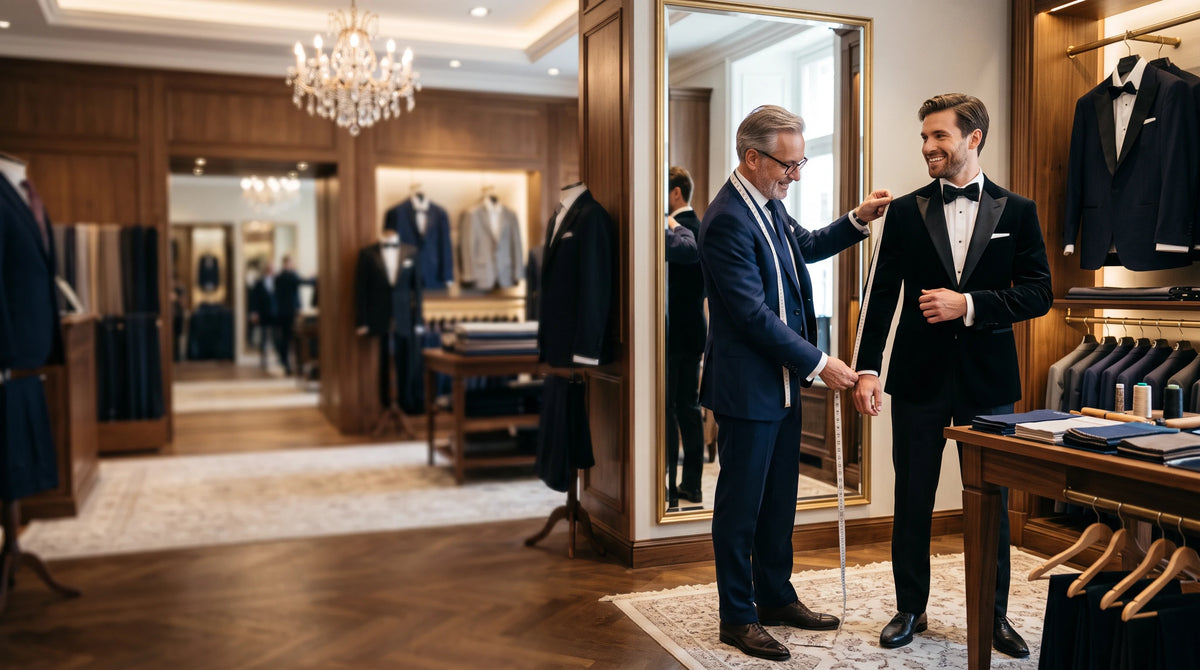 A tailor helping a man with his tuxedo fit in a formalwear boutique.