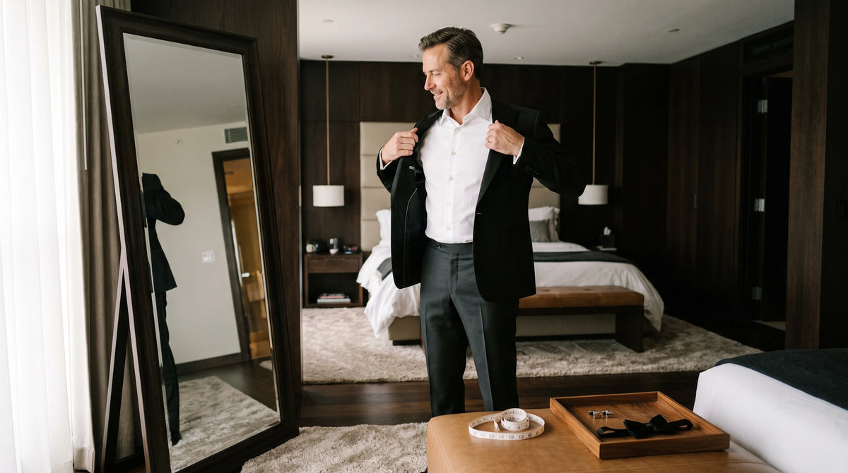 A man in a modern dark wood bedroom adjusts his black blazer over a white dress shirt and gray trousers, standing in front of a large floor mirror.