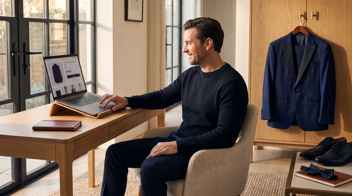 A man sits in a beige armchair at a wooden desk, using a laptop that displays a clothing product. To his right, a navy blue blazer with black lapels hangs on a wooden wardrobe, with black dress shoes and a bow tie on a small table below.