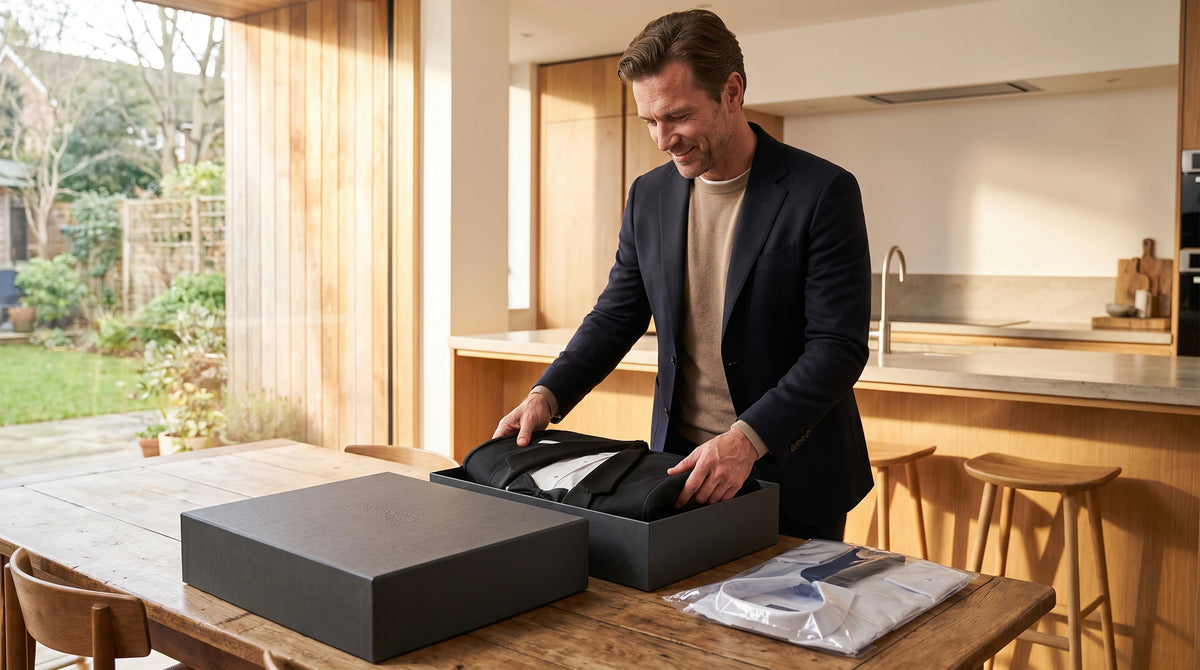 A man in a dark blazer and beige shirt stands at a wooden table in a modern kitchen, opening a black presentation box that contains folded clothing. Another closed black box sits beside it, with a plastic-wrapped item on the table.