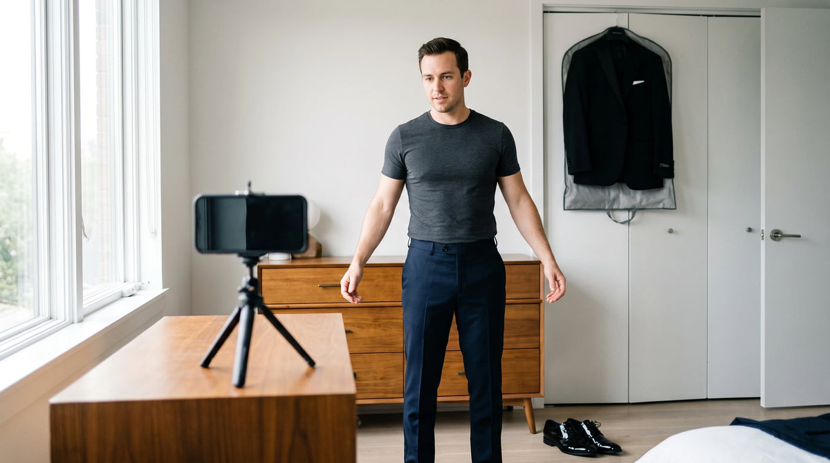 A man stands in a bright bedroom wearing a dark gray crew-neck t-shirt and dark navy trousers, with a smartphone on a tripod and a black jacket hanging on a closet door in the background.
