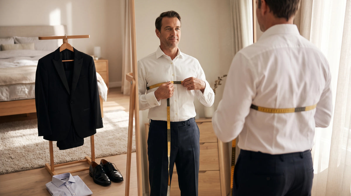 Man measuring his waist with a tape measure