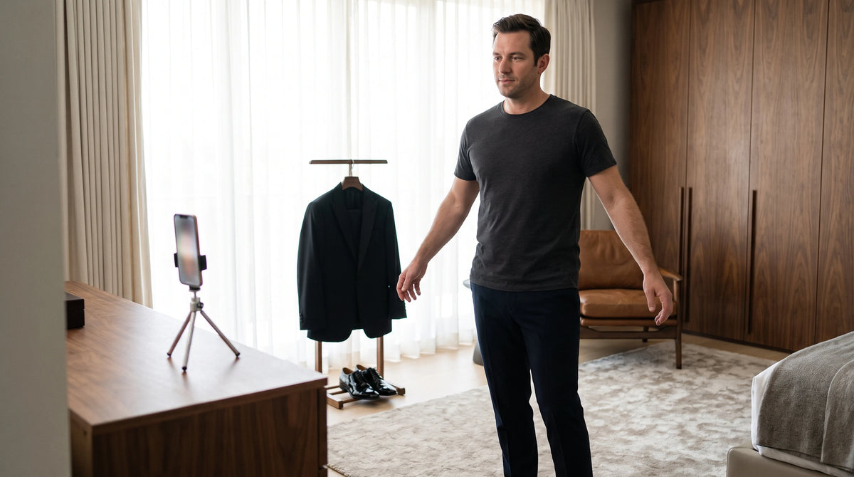 A man in a dark gray t-shirt and black pants stands in a modern bedroom setting, gesturing toward a black blazer hanging on a stand and a pair of shoes on the floor. A smartphone on a tripod is set up on a wooden dresser to his left.