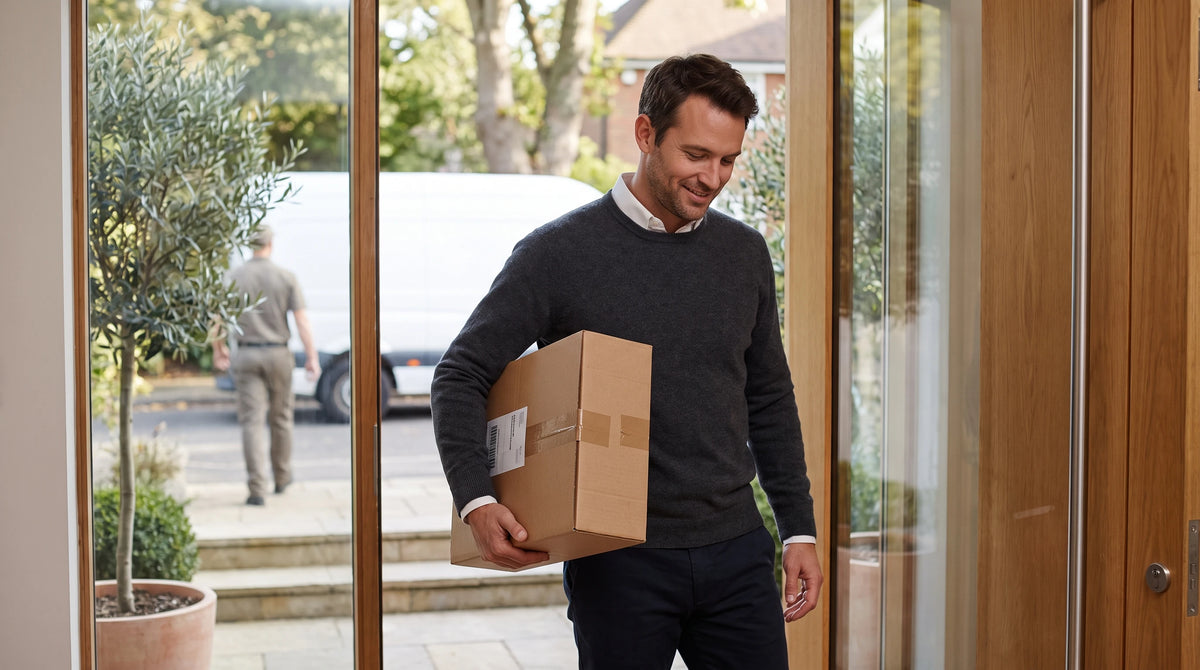 A smiling man in a dark gray sweater and navy pants carries a brown cardboard box through glass doors into a home, with a delivery van and another person visible outside.