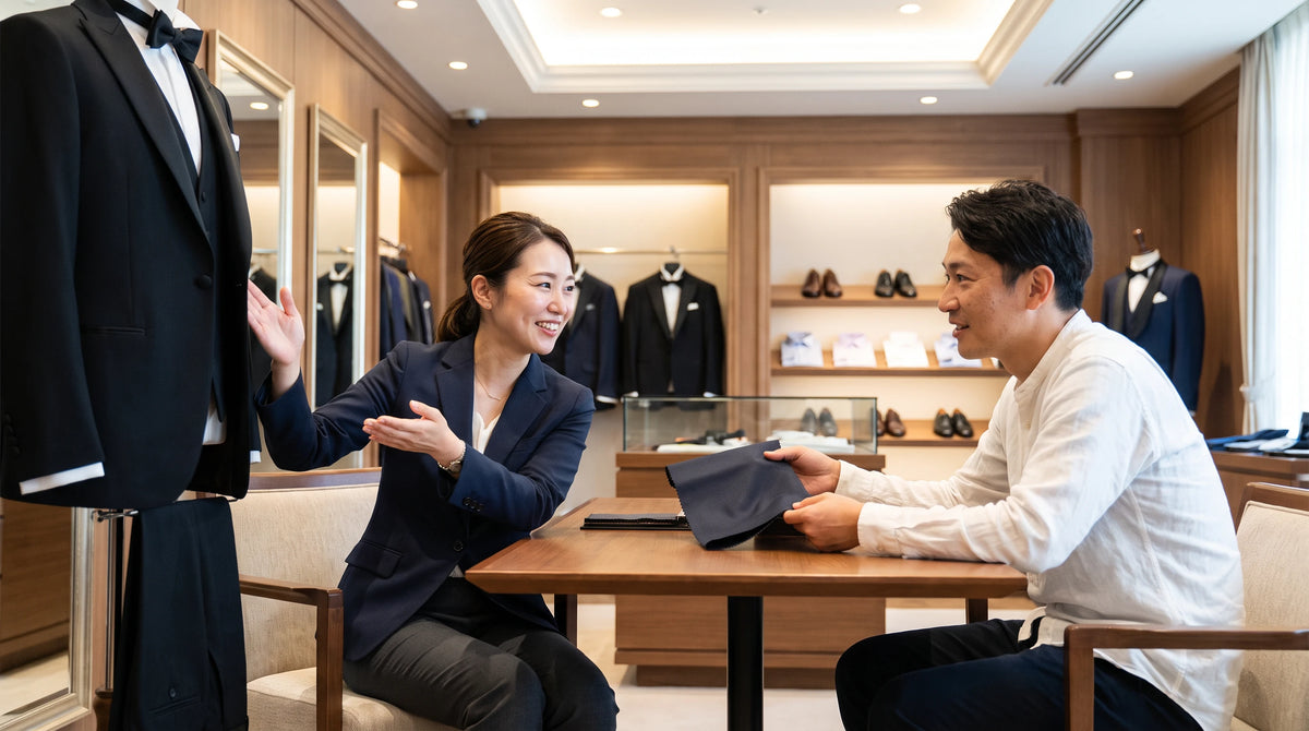 A man and a woman in a luxury men's clothing boutique. The man on the right holds a folded dark gray suit jacket, while the woman on the left gestures toward a black tuxedo jacket displayed on a mannequin stand next to her.
