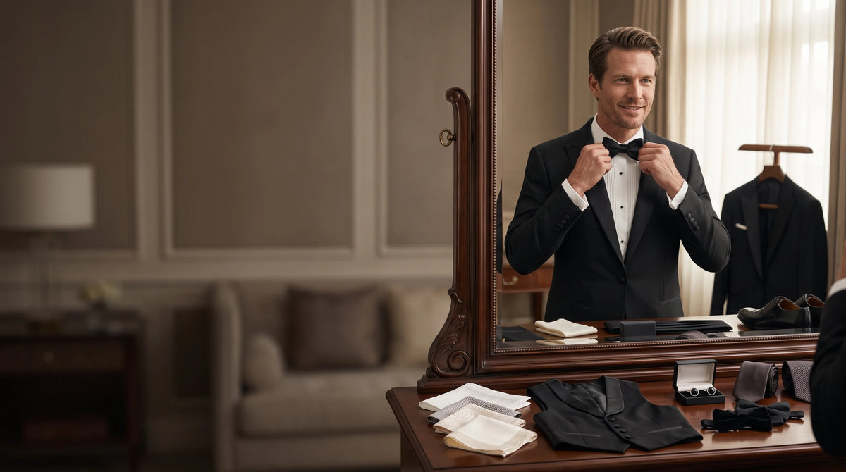 A man in a black tuxedo with a white shirt and bow tie stands in front of a mirror in a hotel room, adjusting his bow tie. His reflection shows a black tuxedo jacket hanging on a hanger, and suit accessories are laid out on a wooden dressing table.