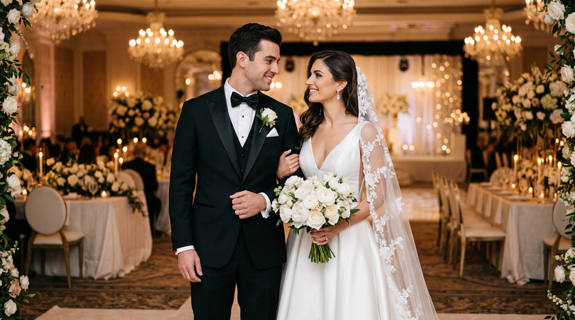 Bride and groom dressed for their wedding celebration