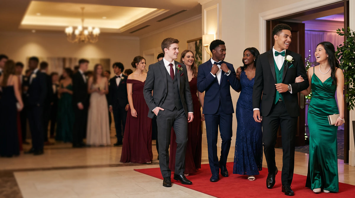A group of young men in formal evening wear walk down a red carpet in an indoor event hall, surrounded by guests in formal attire. The men wear suits including a dark gray three-piece, a navy blue suit, a black suit with a green vest and bow tie, and a dark green satin gown.