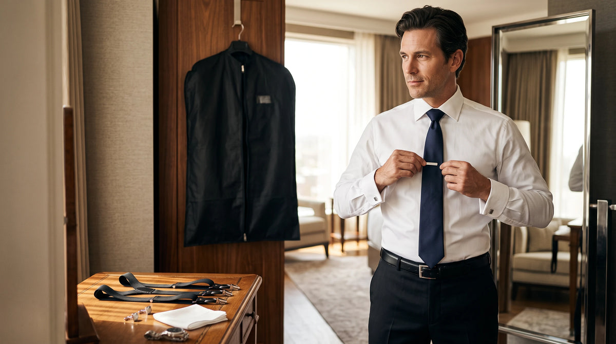 A man in a white dress shirt and navy tie stands in a hotel room adjusting his collar, with a black garment bag hanging on a wooden closet door and a wooden table with accessories in the foreground.