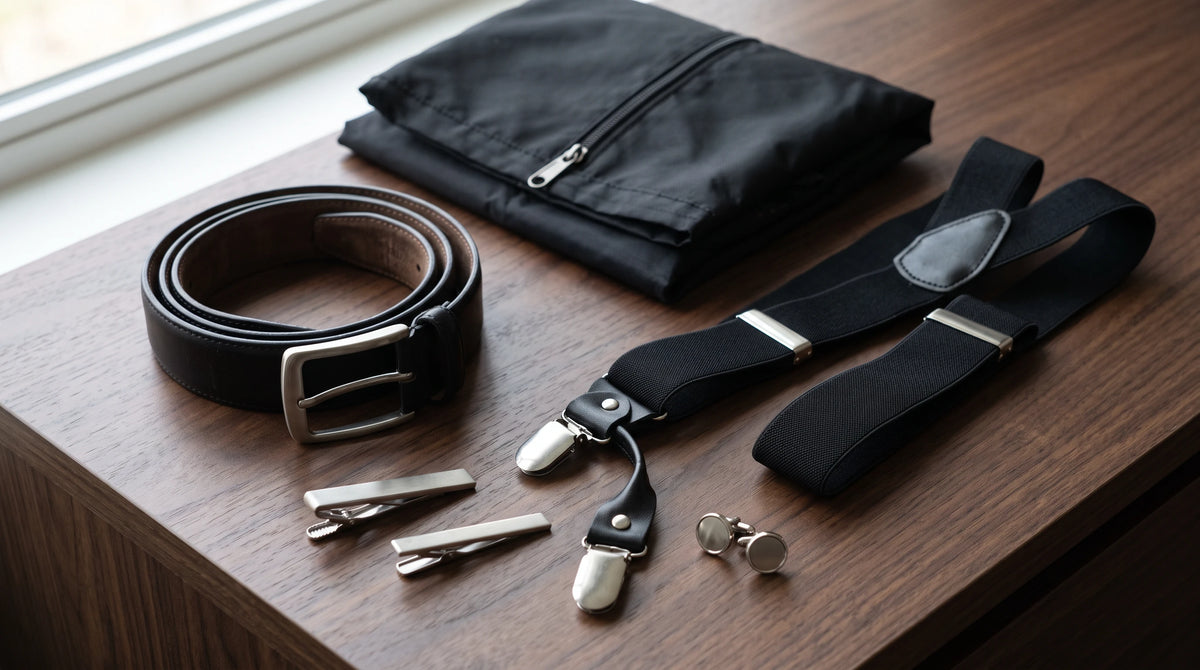 A men's accessory set arranged on a wooden table, including a black belt, black suspenders with silver metal clips, a folded black fabric pouch, silver tie clips, and silver cufflinks.