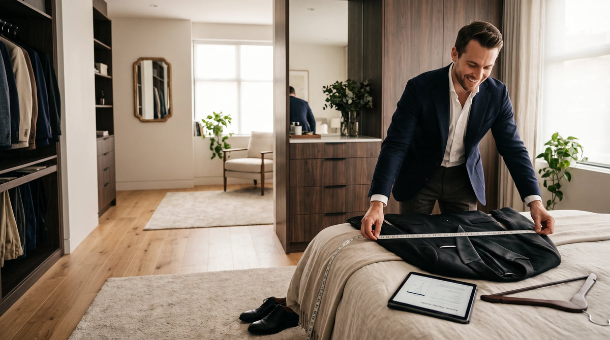 A man in a navy blazer and white shirt measures a black suit jacket on a bed in a modern, well-lit bedroom. A tablet, hanger, and dress form are on the bed, with a mirror reflecting the man's back.