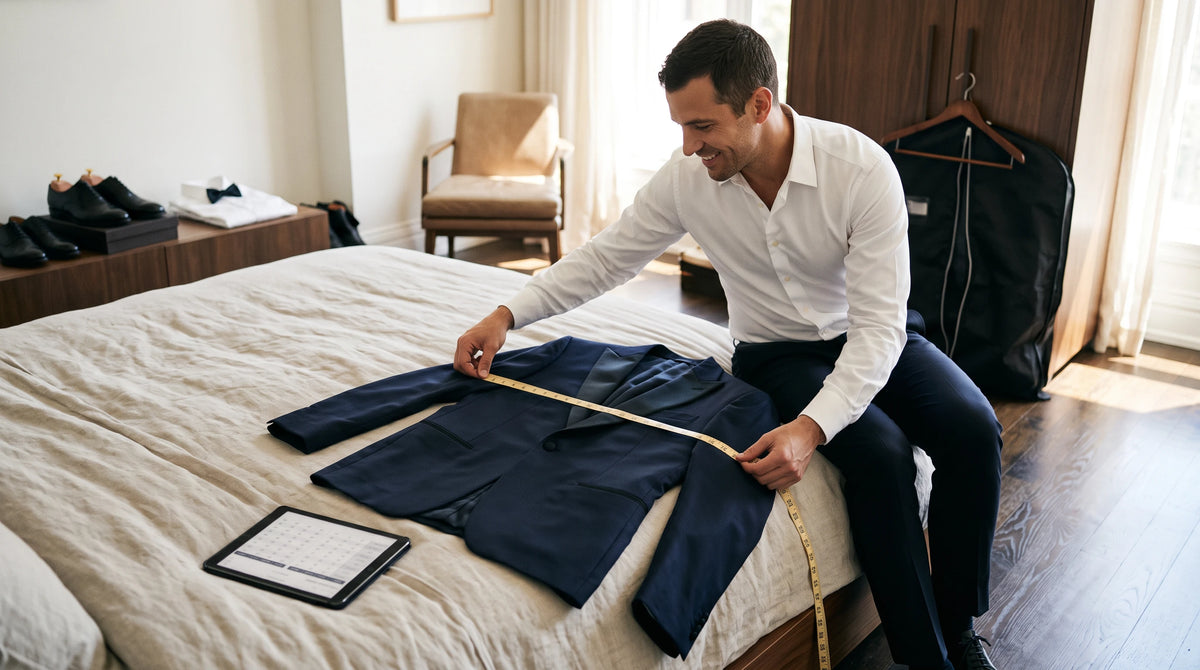 A man in a white dress shirt and dark trousers sits on a bed in a bedroom, measuring a navy blue suit jacket with a tape measure. A tablet is open nearby, with a black garment bag hanging on a wooden hanger in the background.