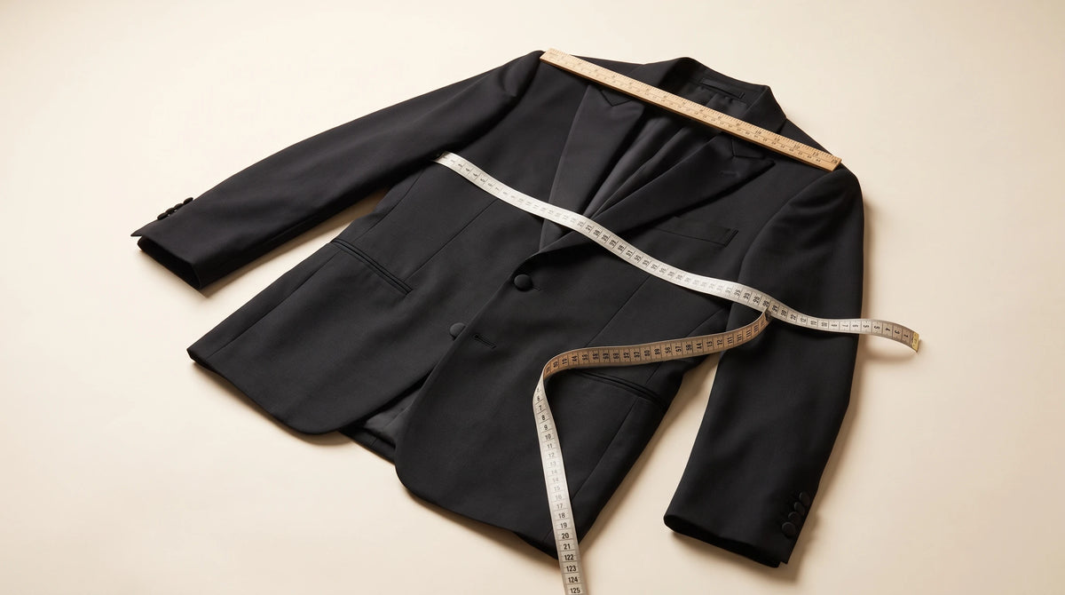 A black tailored blazer laid flat on a warm beige background, with a wooden hanger inserted at the collar and a white measuring tape wrapped around the body and sleeves.