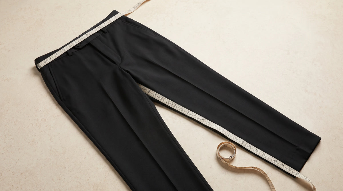 Black tailored trousers laid flat on a light beige textured surface, with a measuring tape wrapped around the waist and a measuring tape roll placed nearby.