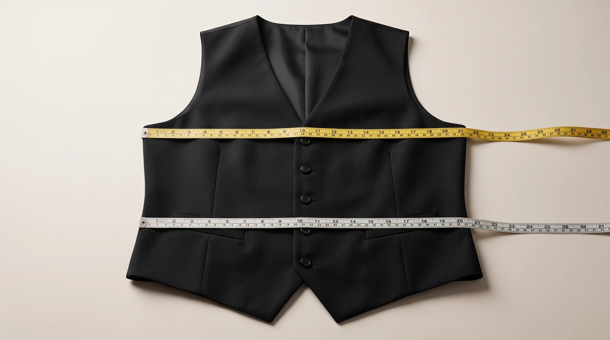 A black tailored vest laid flat on a light beige background, with a yellow measuring tape wrapped around the waist and a silver measuring tape wrapped around the hips to show measurements.