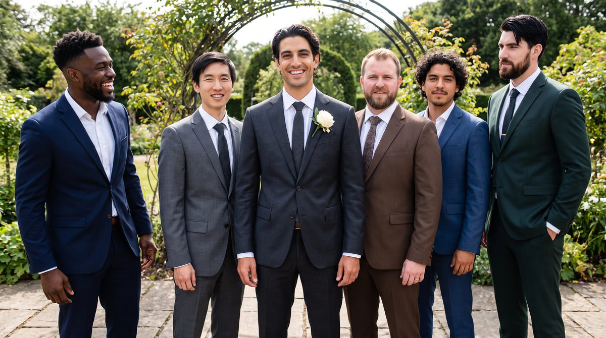 Five men standing outdoors in formal gardens wearing different suit colors, including navy, gray, brown, blue, and green, with one man in the center wearing a dark gray suit and a white boutonniere.