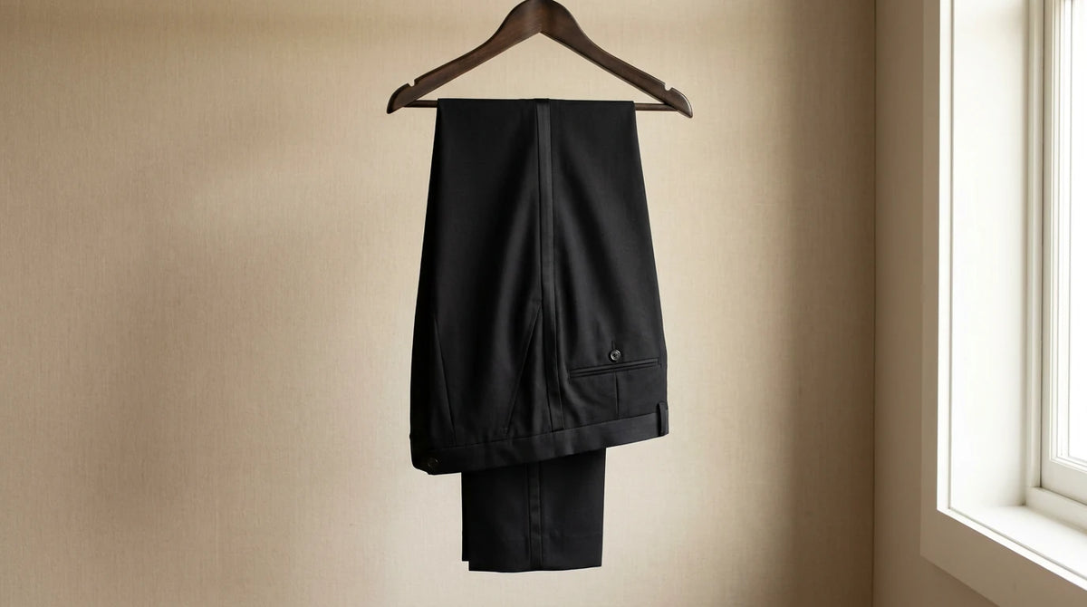 Black tailored trousers hanging from a wooden hanger against a beige wall, with a window visible on the right side.