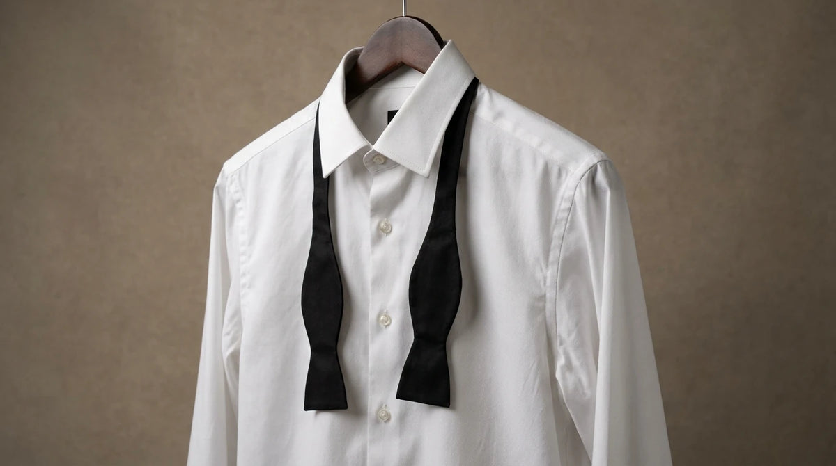 A white long-sleeve dress shirt on a hanger with a black bow tie draped over the collar, set against a plain textured brown background.