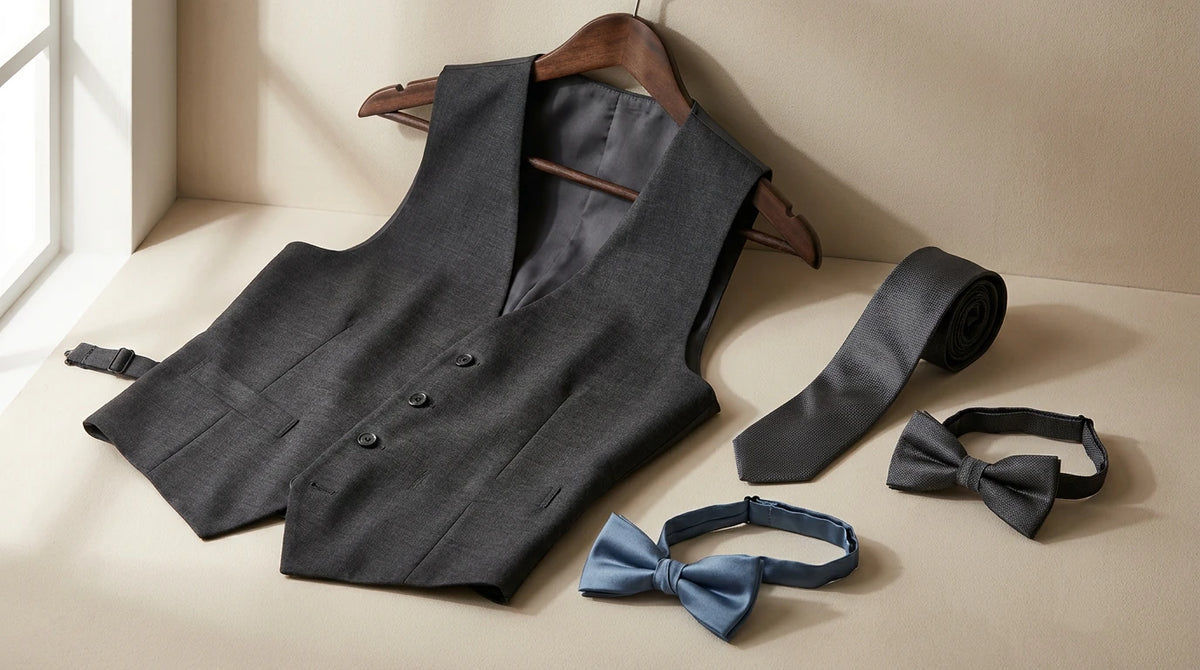 A men's formalwear set displayed on a beige surface, including a dark charcoal gray vest on a wooden hanger, a matching rolled tie, a dark gray bow tie, and a blue-gray bow tie. The background is a clean beige wall and surface with soft natural light from a window on the left.