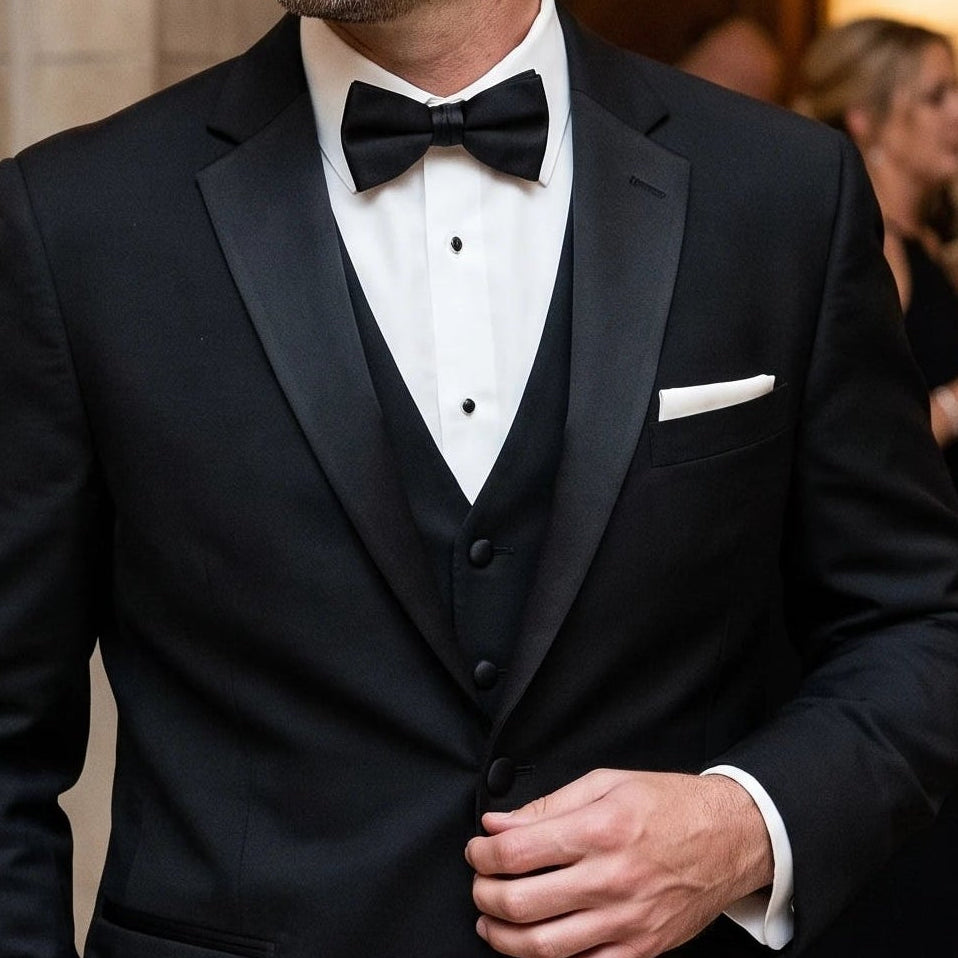 A man wearing a black tuxedo with a white dress shirt, black bow tie, and white pocket square, standing in a formal event hall with guests in the background.