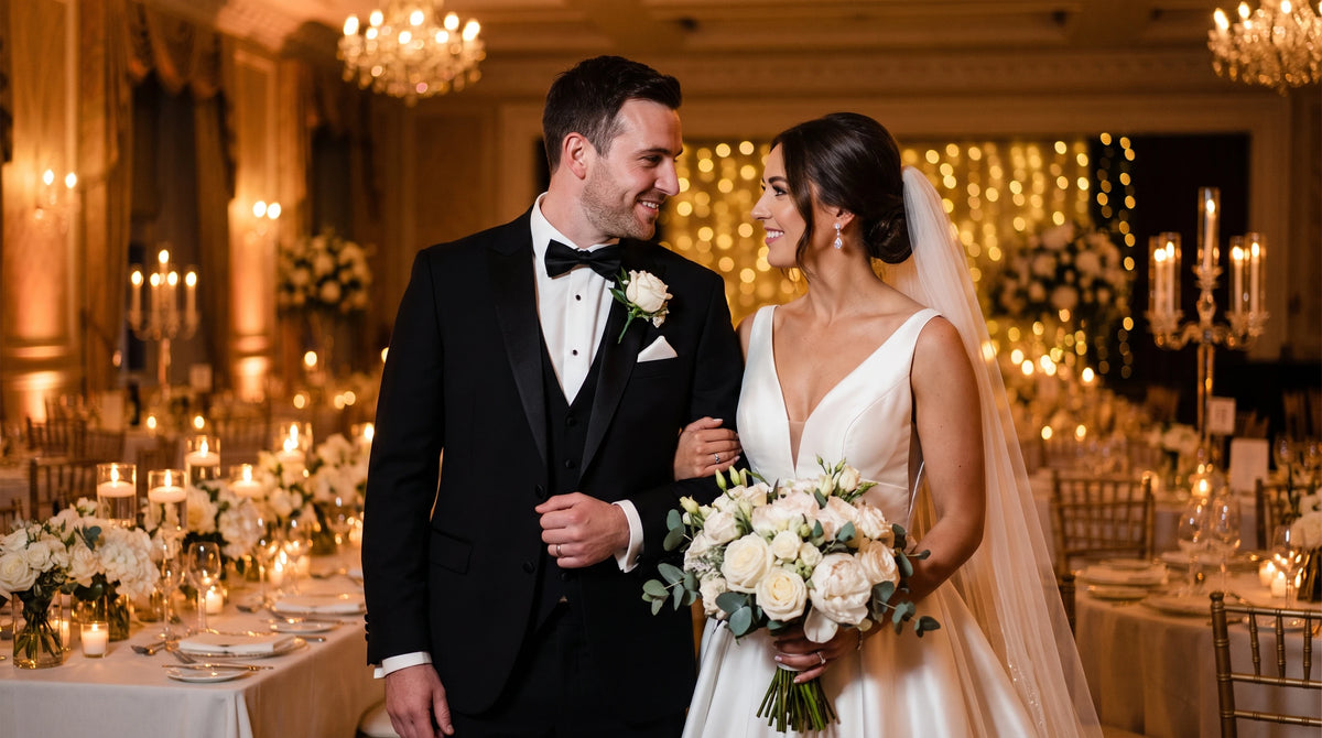 A bride in a white sleeveless wedding gown holding a bouquet of white flowers, standing next to a groom in a black tuxedo with a bow tie, in a warmly lit wedding reception hall with chandeliers and candlelit tables.
