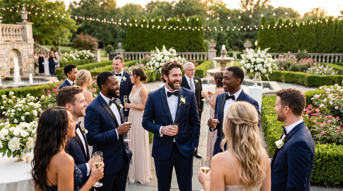 A group of wedding guests mingling outdoors in a formal garden setting at sunset. Several men are wearing navy blue suits with black bow ties and white flowers in their pockets, while women in blush and cream gowns converse nearby.
