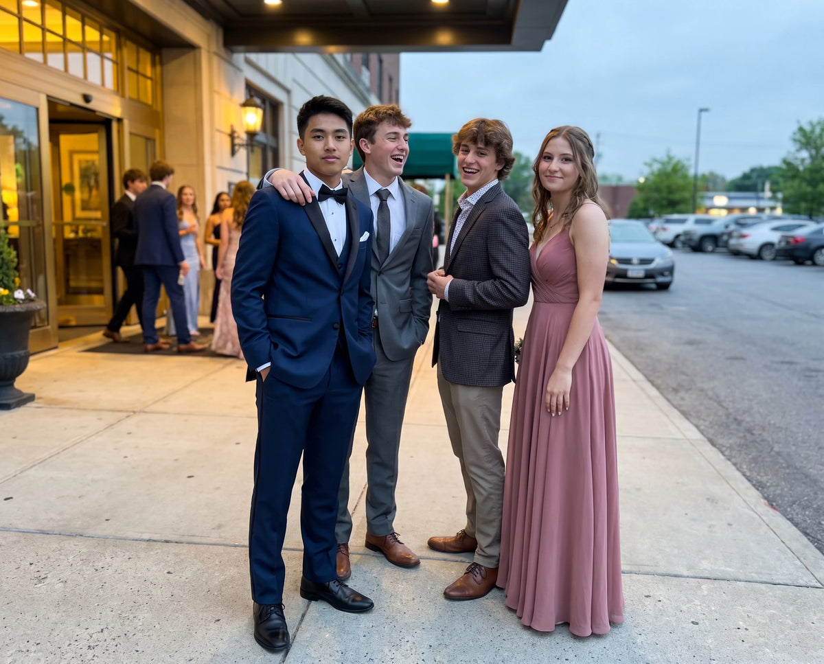 Four young adults posing together outdoors on a sidewalk in front of a hotel entrance at dusk. Two men wear formal suits, one in navy blue and one in gray, while a woman wears a sleeveless dusty pink formal gown.