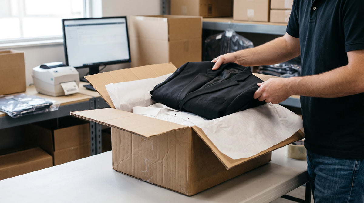 A person in a dark polo shirt and jeans is packing a black garment into a brown cardboard box lined with white tissue paper, set in a workspace with boxes, a computer, and shelves in the background.