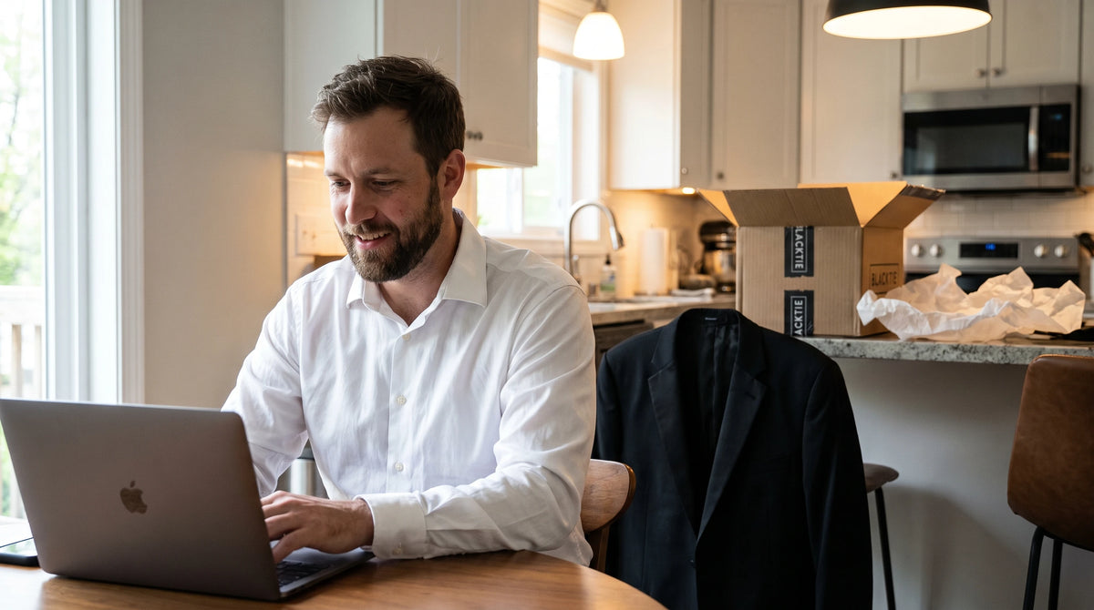 A man in a white button-down shirt sits at a wooden table using a silver laptop in a bright kitchen. A black blazer is draped over the chair behind him, and a cardboard box sits on the kitchen counter in the background.