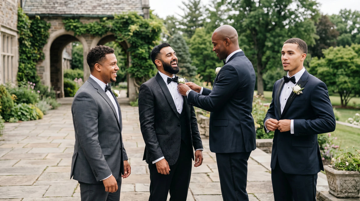 Four men in formal suits standing outdoors on a stone walkway in front of a stone building with greenery. One man is adjusting the bow tie or lapel pin of another man wearing a black tuxedo with a white shirt and black bow tie, while the other two wear gray and navy suits with bow ties and boutonnieres.